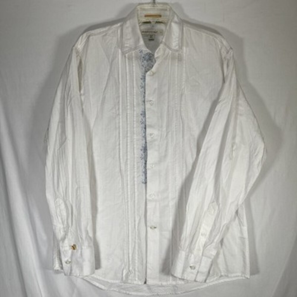 Pronto Uomo Guayabera Embroidered Pleated White Button Up Shirt 100% Cotton L